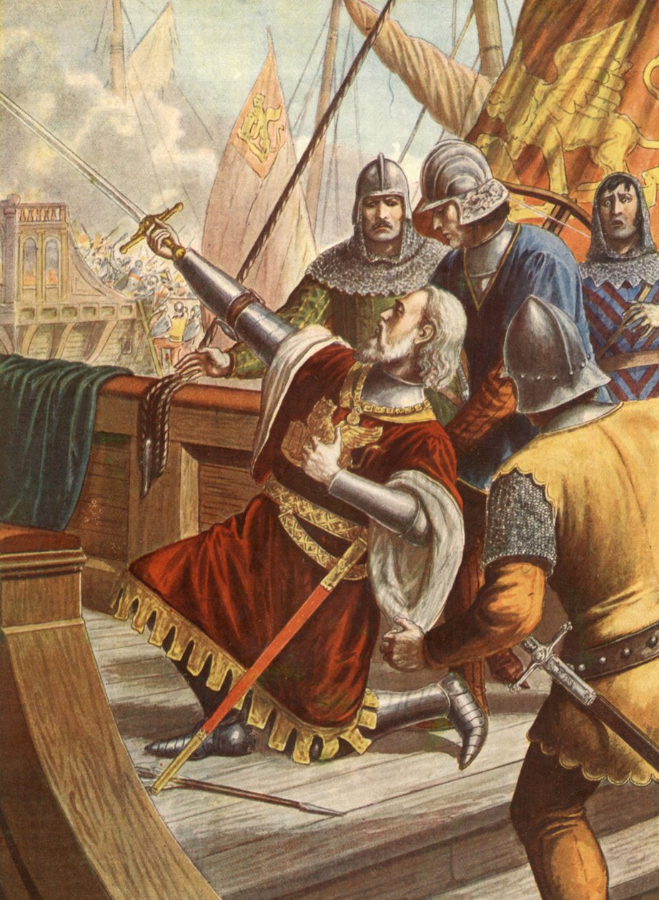 Włoski admirał Luciano Doria zabity w 1379 roku podczas wojny między Genuą a Wenecją, ilustracja, lata 30. autorstwa Tancredi Scarpelli