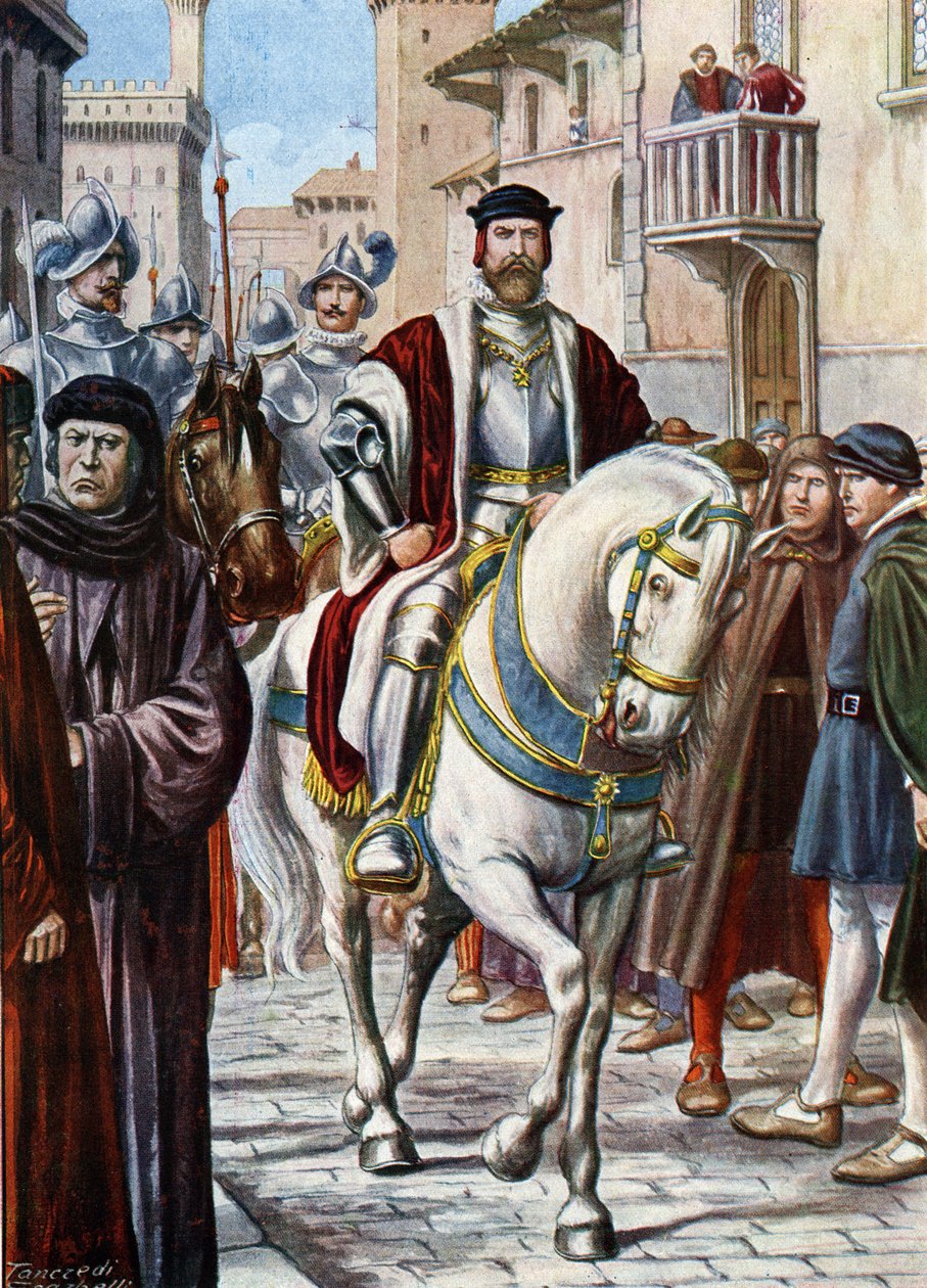Portret Cosimo (Come) I Toskanii (Cosimo de Medici) (1519-1574), krążący ulicami Florencji, otoczył członków swojej milicji złożonej z żołnierzy hiszpańskich i niemieckich (Portret Cosimo I de Medici, Wielkiego Księcia Toskanii , chroniony autorstwa Tancredi Scarpelli