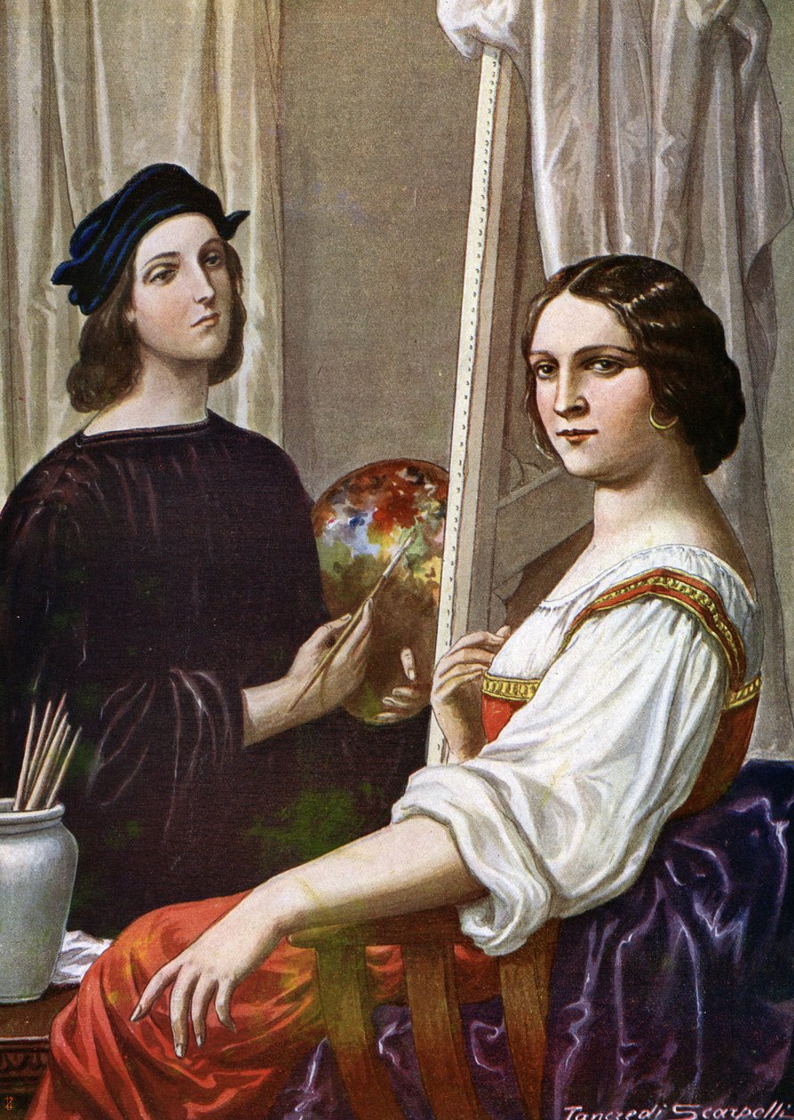 Portret malarza Rafaela (Raffaello Sanzio 1483 - 1520) malującego Fornarinę (włoski malarz Rafael i młoda dama Fornarina) Ilustracja Tancredi Scarpelli (1866-1937) ze „Storia d