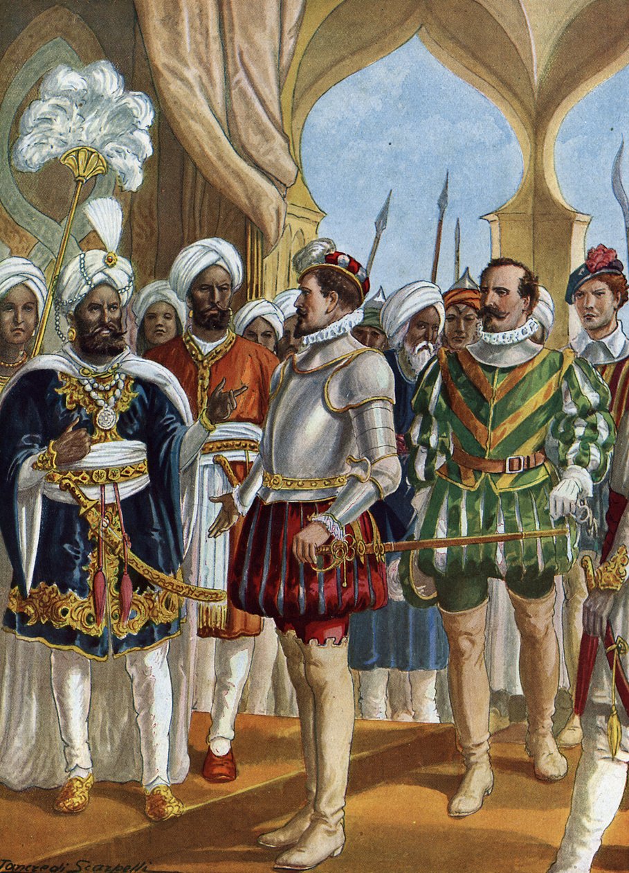 Portugalski nawigator Pedro Alvares Cabral (1460-1526) na dworze króla (Zamorin) z Calicut (Kozhikode) w dniu 13.09.1500 w celu wynegocjowania ustanowienia kontuaru w Indiach (portugalski nawigator Pedro Alvares Cabral negocjujący z Zamorin w Cali autorstwa Tancredi Scarpelli