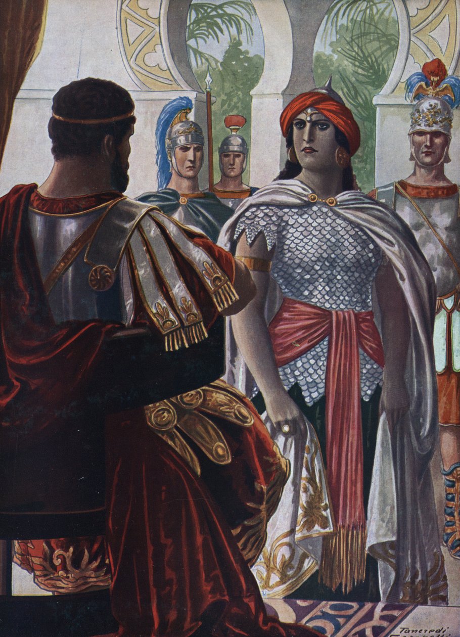 Starożytność rzymska: Imperator z Palmiry Septimia Bathzabbai Zenobie schwytany przez cesarza rzymskiego Aureliena, 272”” (Królowa palmyreńskiego imperium Zenobia, więzień cesarza rzymskiego Aureliana, 272 ne) Ilustracja autorstwa Tancredi Scarpelli (1866- autorstwa Tancredi Scarpelli