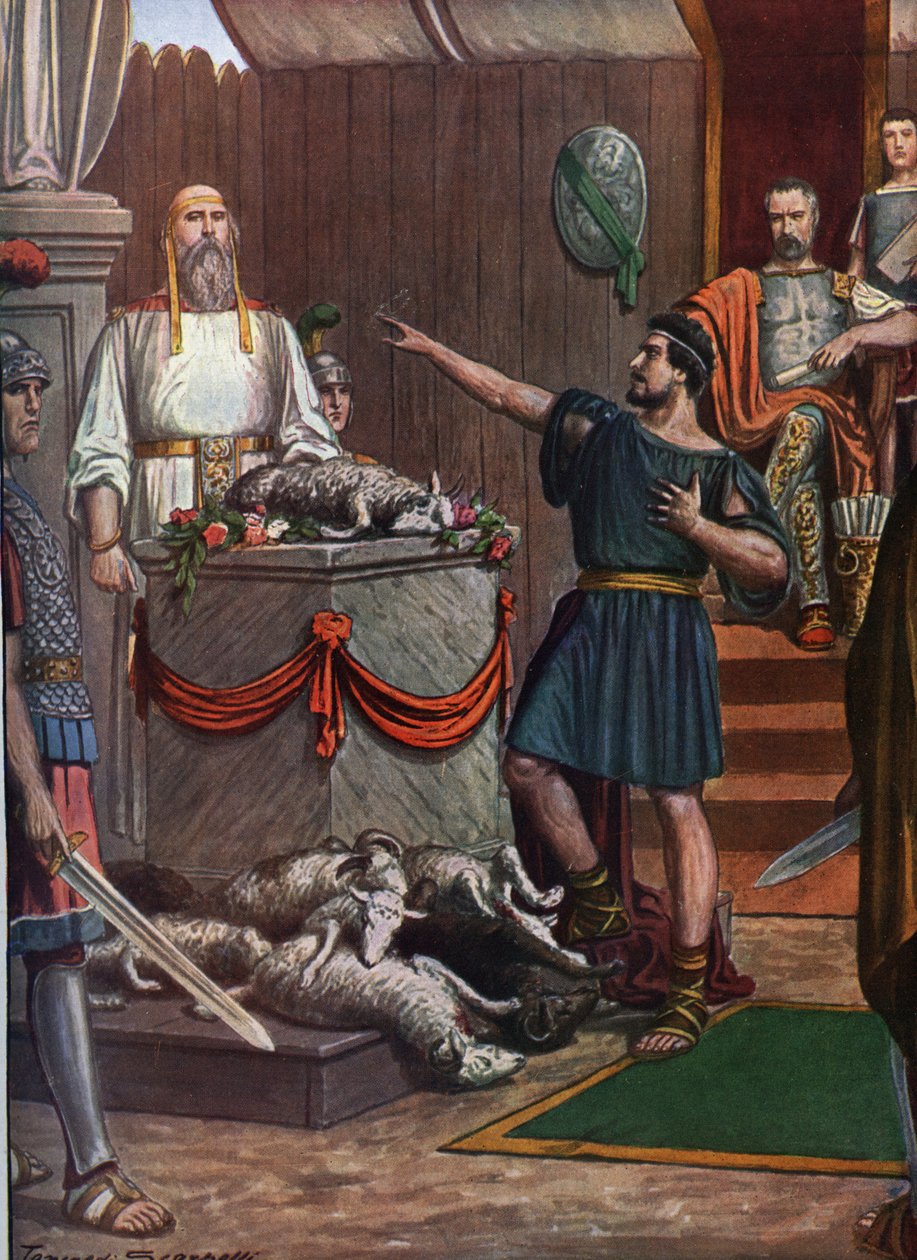 Starożytność rzymska, trzecia wojna samnicka: ceremonia samnicka i ofiara w hołdzie bóstwom przed bitwą o Aquilonię w 293 rpne Ilustracja autorstwa Tankreda autorstwa Tancredi Scarpelli