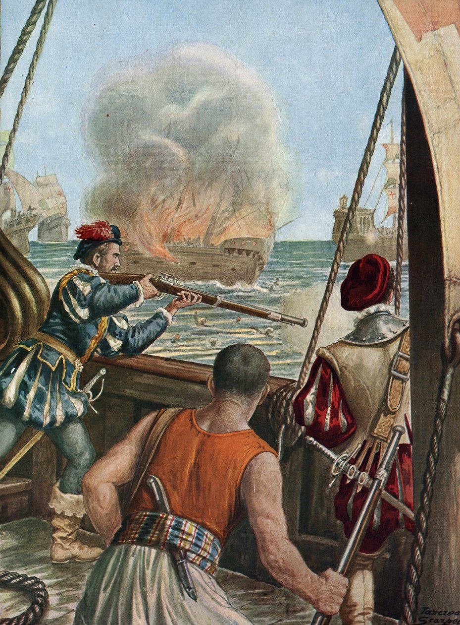 Druga wyprawa do Indii (1502-1503) „” Bitwa morska między portugalską flotą Vasco de Gama a flotą Calicut, Portugalczycy ostrzeliwują muzułmański statek Miri szarżują na peleryny wracające z Mekki, 3.10.1502”” (druga podróż Vasco de Gama (1502-1503) autorstwa Tancredi Scarpelli