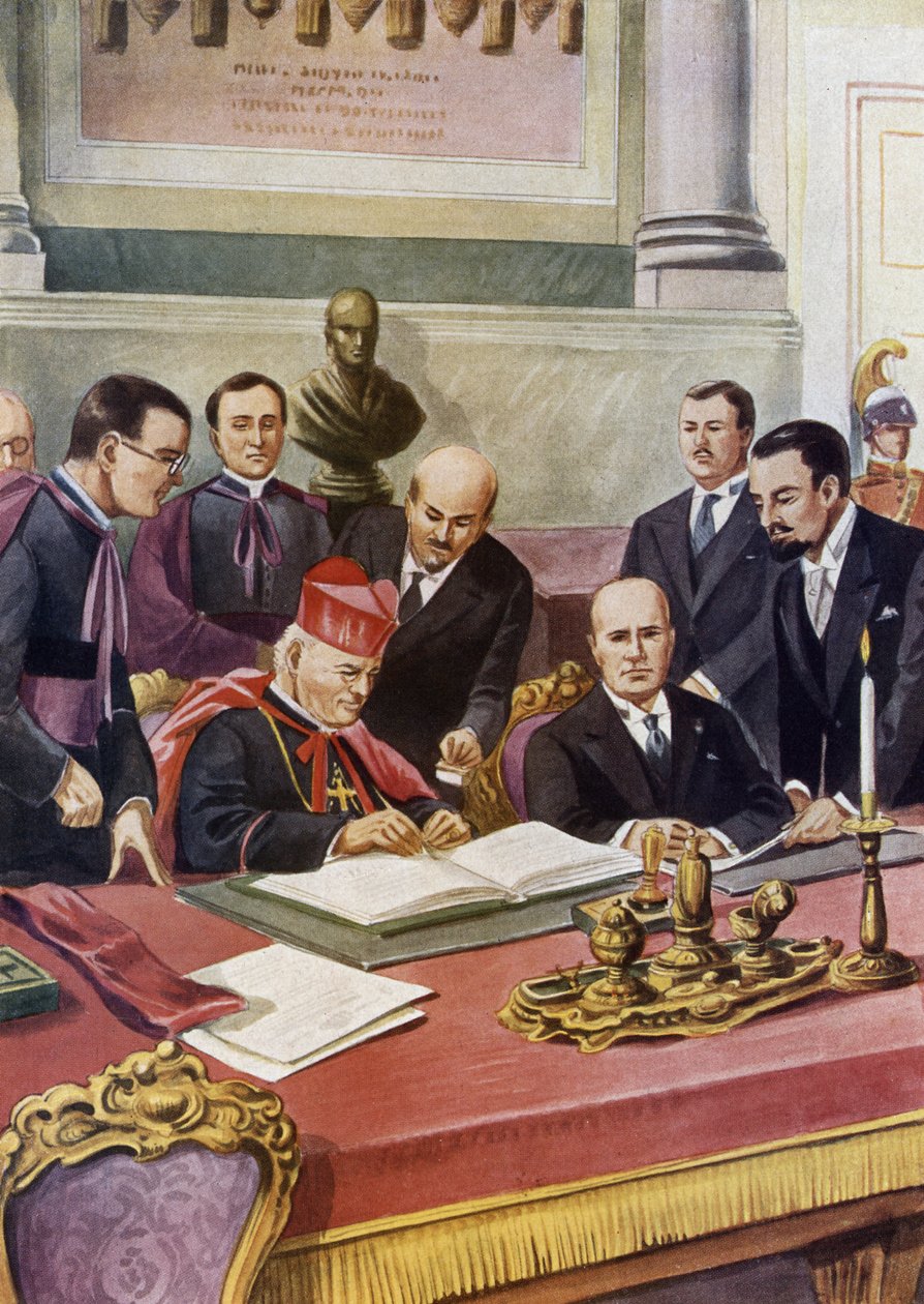 Podpisanie porozumień laterańskich (Patti lateranensi) między rządem włoskim (faszystowskim) a oblężeniem Watykanu Świętego (St. Siege), które gwarantują suwerenność papieża w Watykanie i formalizują religię katolicką we Włoszech: kardynał Pietro autorstwa Tancredi Scarpelli