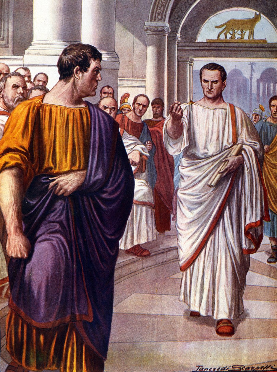 Rzymski mąż stanu Cyceron (Marcus Tullius Cicero) (106-43 p.n.e.) krzyżuje się ze spiskowcem Katyliną (Lucjusz Sergiusz Katylina) (108-62 p.n.e.), którą demaskuje w 63 p.n.e. podczas przemówień katylinarzy. Ilustracja Tancredi Scarpelli (1866-1937) autorstwa Tancredi Scarpelli
