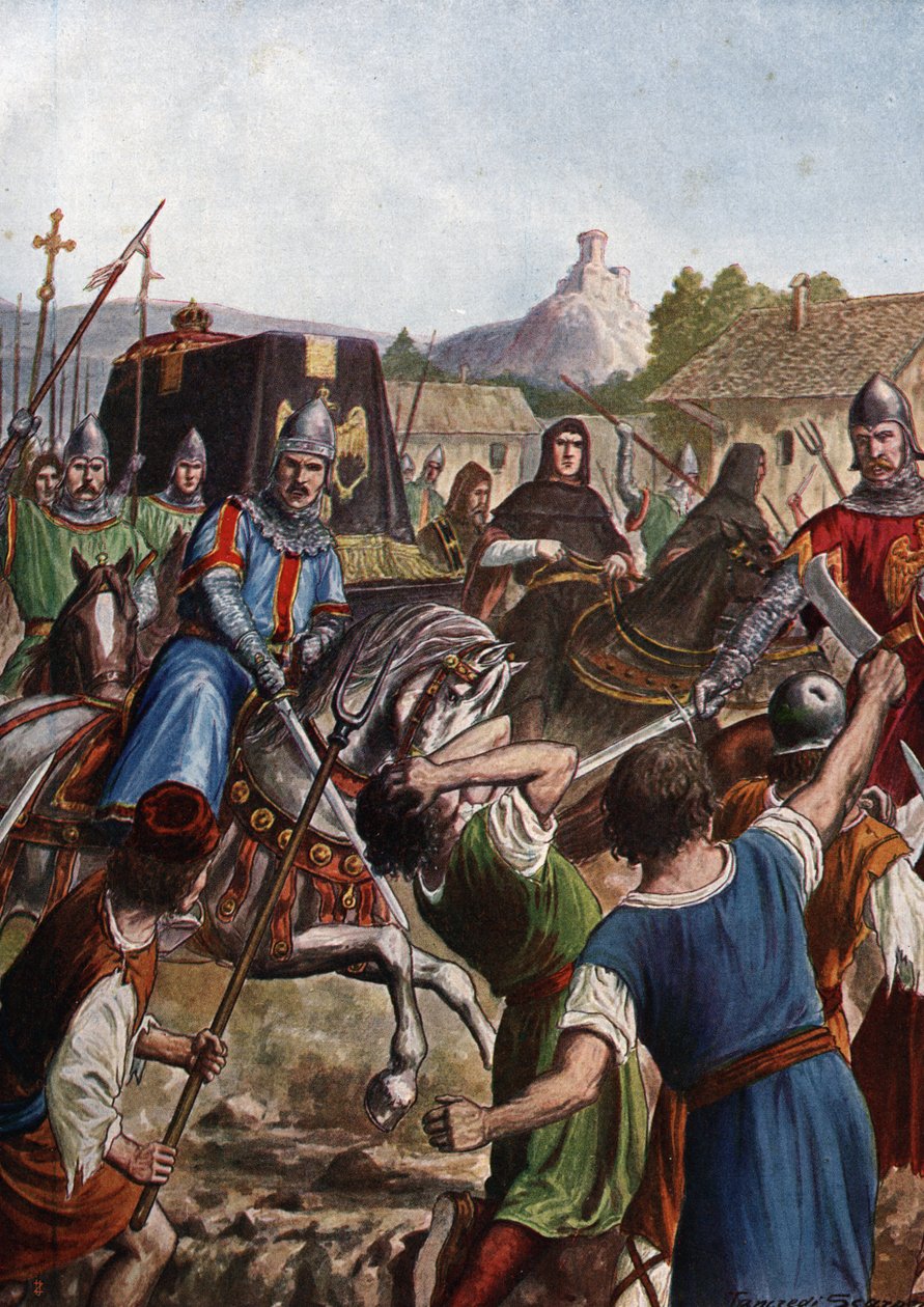 Orszak pogrzebowy cesarza Ottona (Othona) III Świętego Cesarstwa (980-1002) prowadzi szczątki przez Włochy w kierunku Akwizgranu, walcząc w jego przejściu przeciwko zbuntowanym ludom (trumna cesarza Ottona III, przechodząca przez tłumy Italii). autorstwa Tancredi Scarpelli