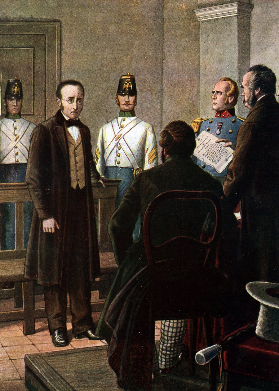 Odczytanie wyroku skazującego Silvio Pellico (1789 - 1854) i Piero Maroncellego (1795 - 1846) na uwięzienie w twierdzy Spielberg w Brnie za ich przynależność do ruchu karbonariuszy (Charbonnerie lub carboneria) autorstwa Tancredi Scarpelli
