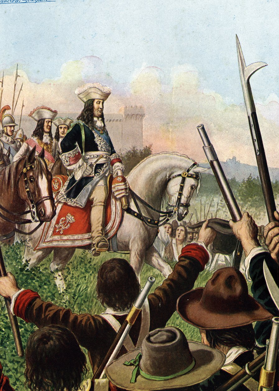 Wojna o sukcesję hiszpańską: książę Vittorio Amedeo (Victor Amedee) II Sabaudczyk (1666-1732) wypowiedział wojnę Francji poprzez sojusz z Austrią w 1703” (Wojna o sukcesję hiszpańską: Victor Amadeus II z Sardynii wypowiada wojnę Francji, ca. 1703) Ilustrac autorstwa Tancredi Scarpelli