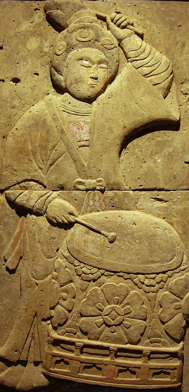 Stela przedstawiająca muzyka (terakota) autorstwa Tang Dynasty Chinese School