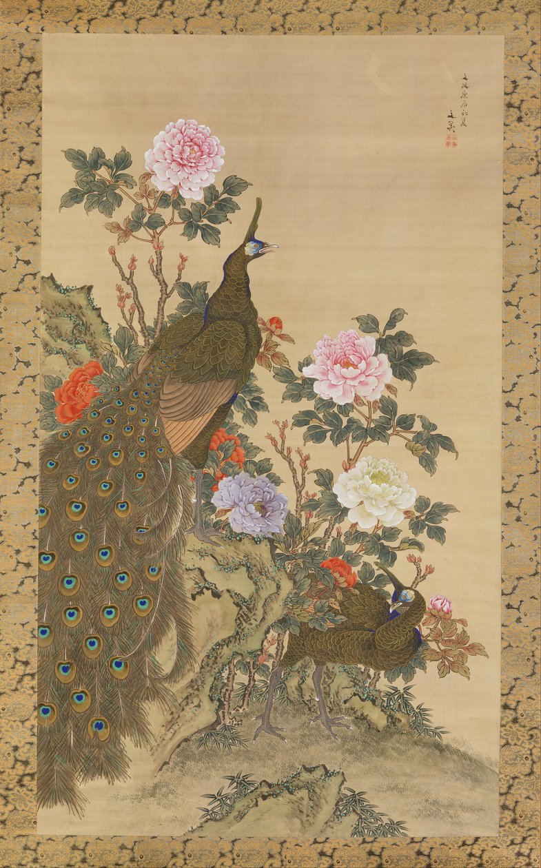 Pawie i piwonie, 1820. autorstwa Tani Buncho