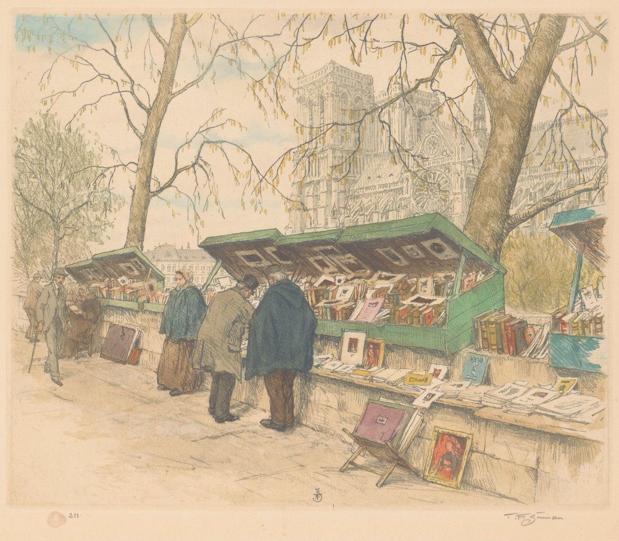 Stoiska z książkami na Quai de Montebello, w tle Notre-Dame autorstwa Tavík František Šimon (signed by artist)