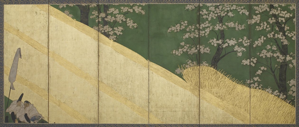 Wiśnia, wysokie ogrodzenie i uchwyty, okres Edo, 1590-1640 (kolor i złoto na papierze) autorstwa Tawaraya Sotatsu