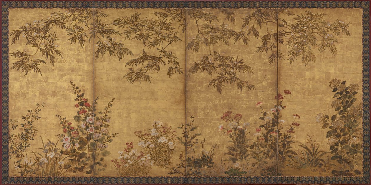 Mimoza, maki i inne letnie kwiaty, okres Edo, 1630-1670. autorstwa Tawaraya Sosetsu