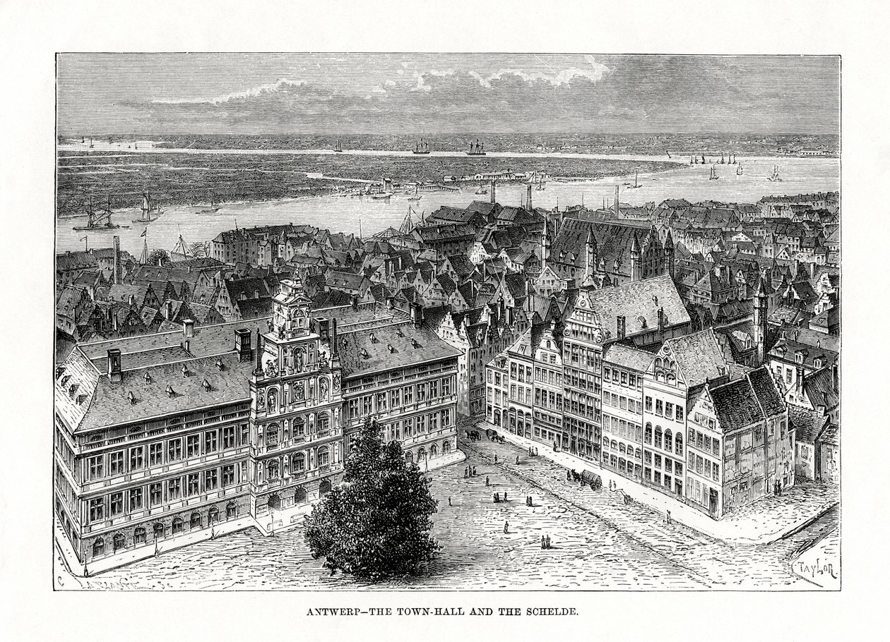 Ratusz i Rzeka Skalda, Antwerpia, Belgia, 1879 r. autorstwa Taylor
