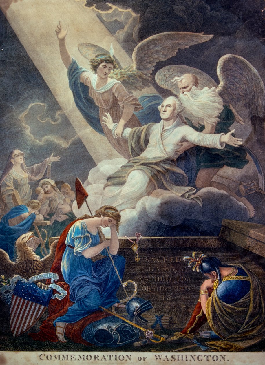 Kolorowy grawerunek przedstawiający chwałę Jerzego Waszyngtona wzniesioną do nieba przez Czas i Nieśmiertelność, wygrawerowany w Filadelfii, ok. 1799 r. (grawerunek) (zdjęcie ilustracyjne) autorstwa Ted Spiegel