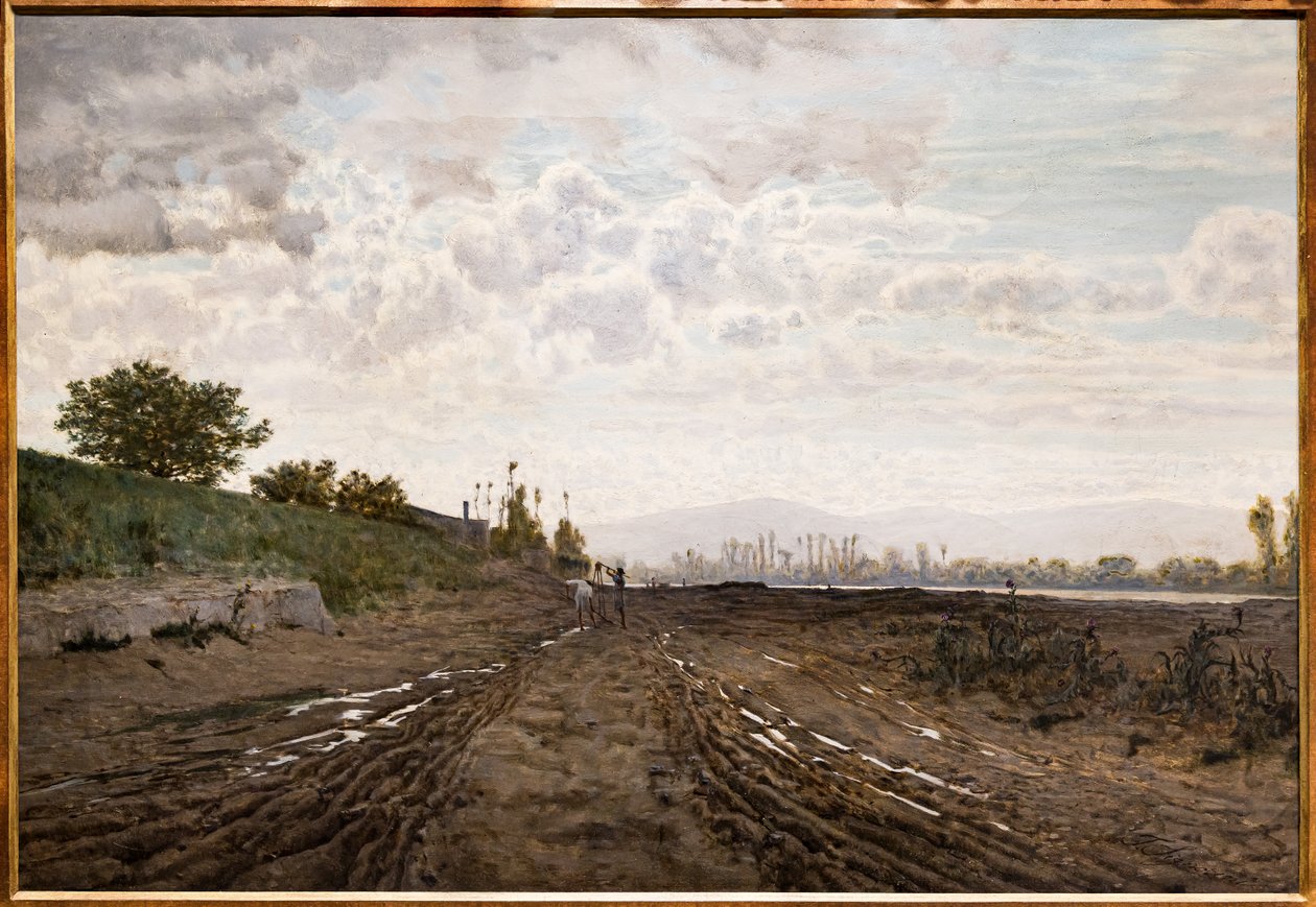 Poranek nad rzeką Arno. Kopaczki piasku wzdłuż Arno, ok. 1868 (olej na płótnie) autorstwa Telemaco Signorini