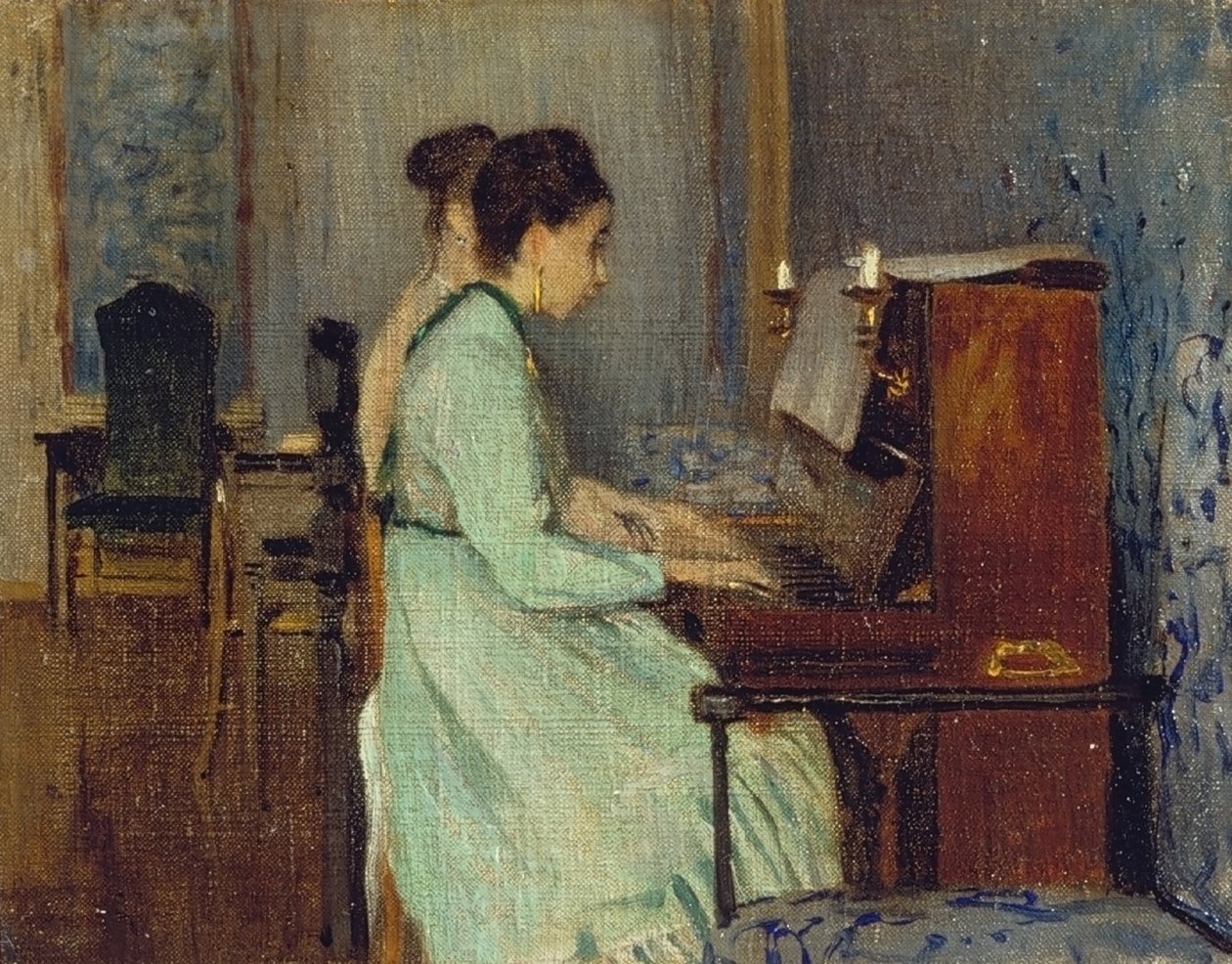 Lekcja gry na pianinie, ok. 1868 (olej na płótnie) autorstwa Telemaco Signorini