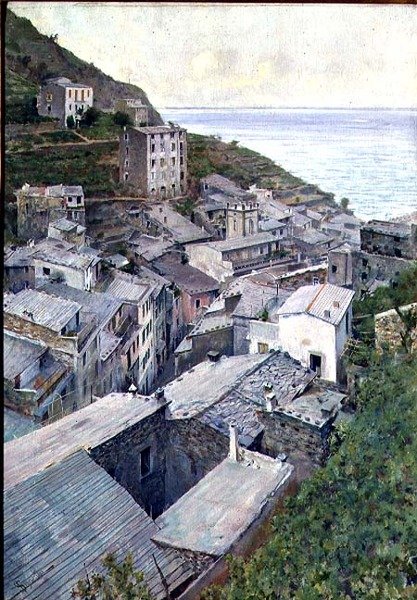 Dachy w Riomaggiore (olej na płótnie) autorstwa Telemaco Signorini