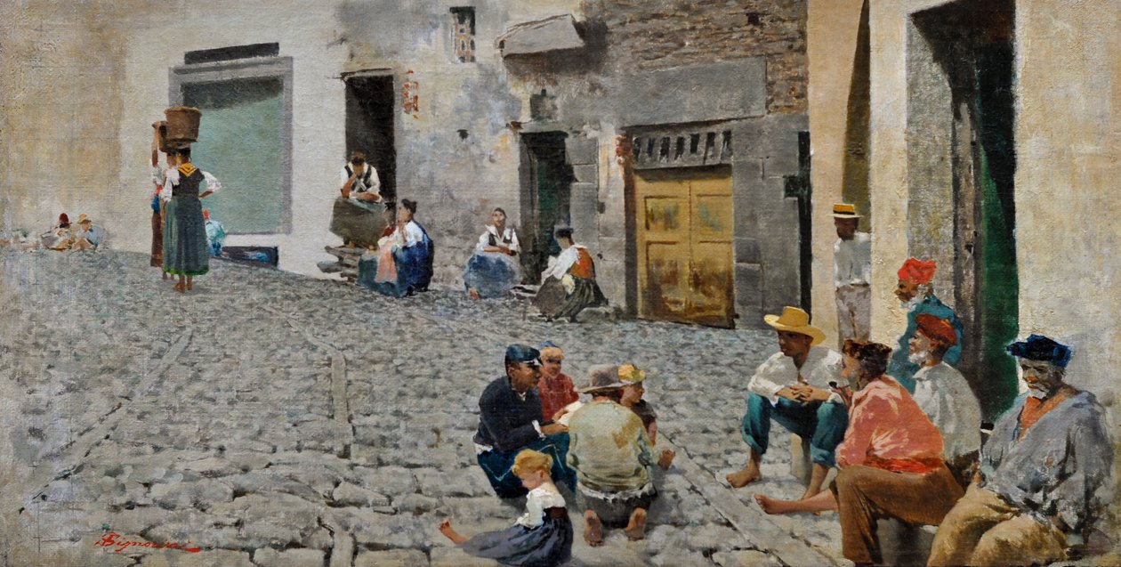Żeglarze w Riomaggiore, ok. 1892-93 (olej na płótnie) autorstwa Telemaco Signorini