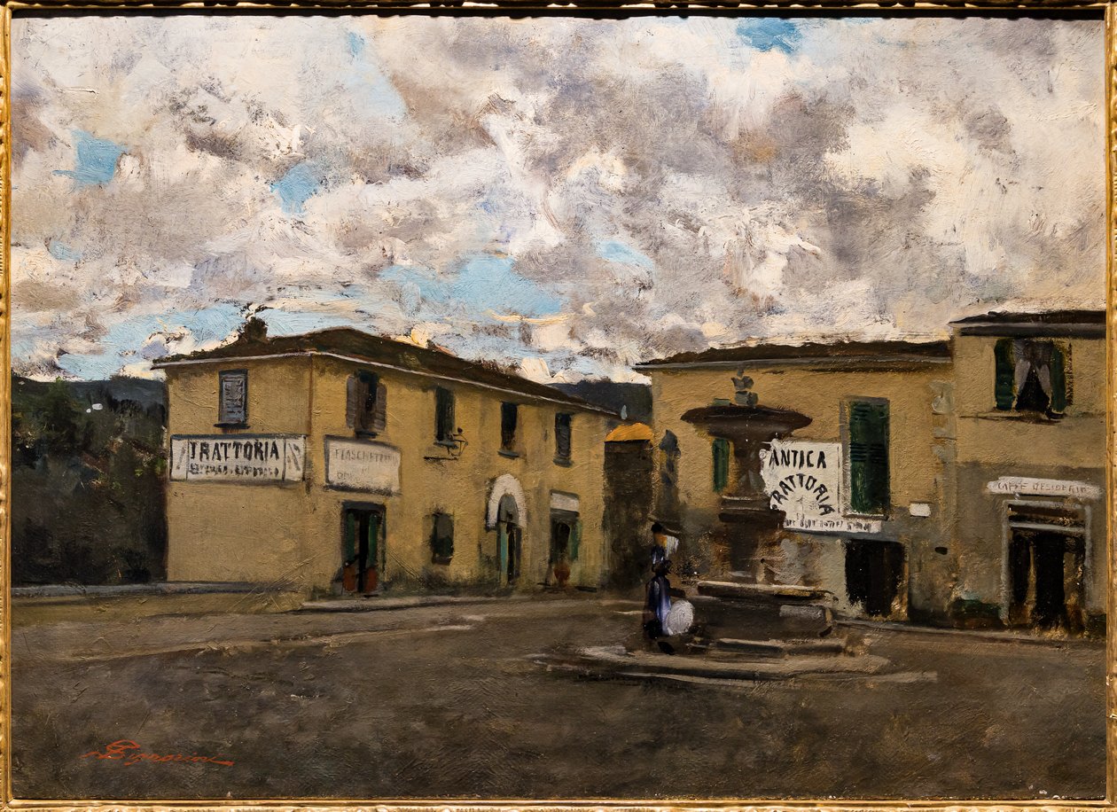 Mały plac w Settignano w deszczowy dzień, ok. 1861 (olej na płótnie) autorstwa Telemaco Signorini