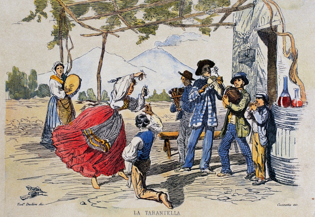 Tarantella neapolitańska, rycina z rysunku Teodoro Duclere (1814-1869), Włochy autorstwa Teodoro Duclere