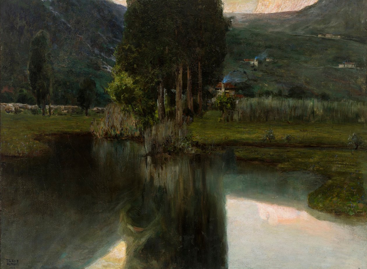 Jezioro z cyprysami i domami, 1923. autorstwa Teodoro Wolf Ferrari