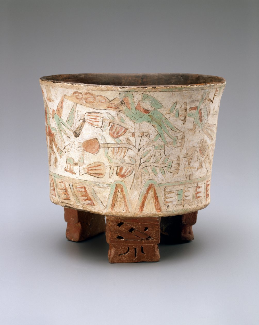 Wazon trójnożny z dwoma dmuchawcami i ptakami Quetzal w drzewach kakaowych, późny Xolalpan, 550-650 (ceramika z malowanym stiukiem) autorstwa Teotihuacan Teotihuacan