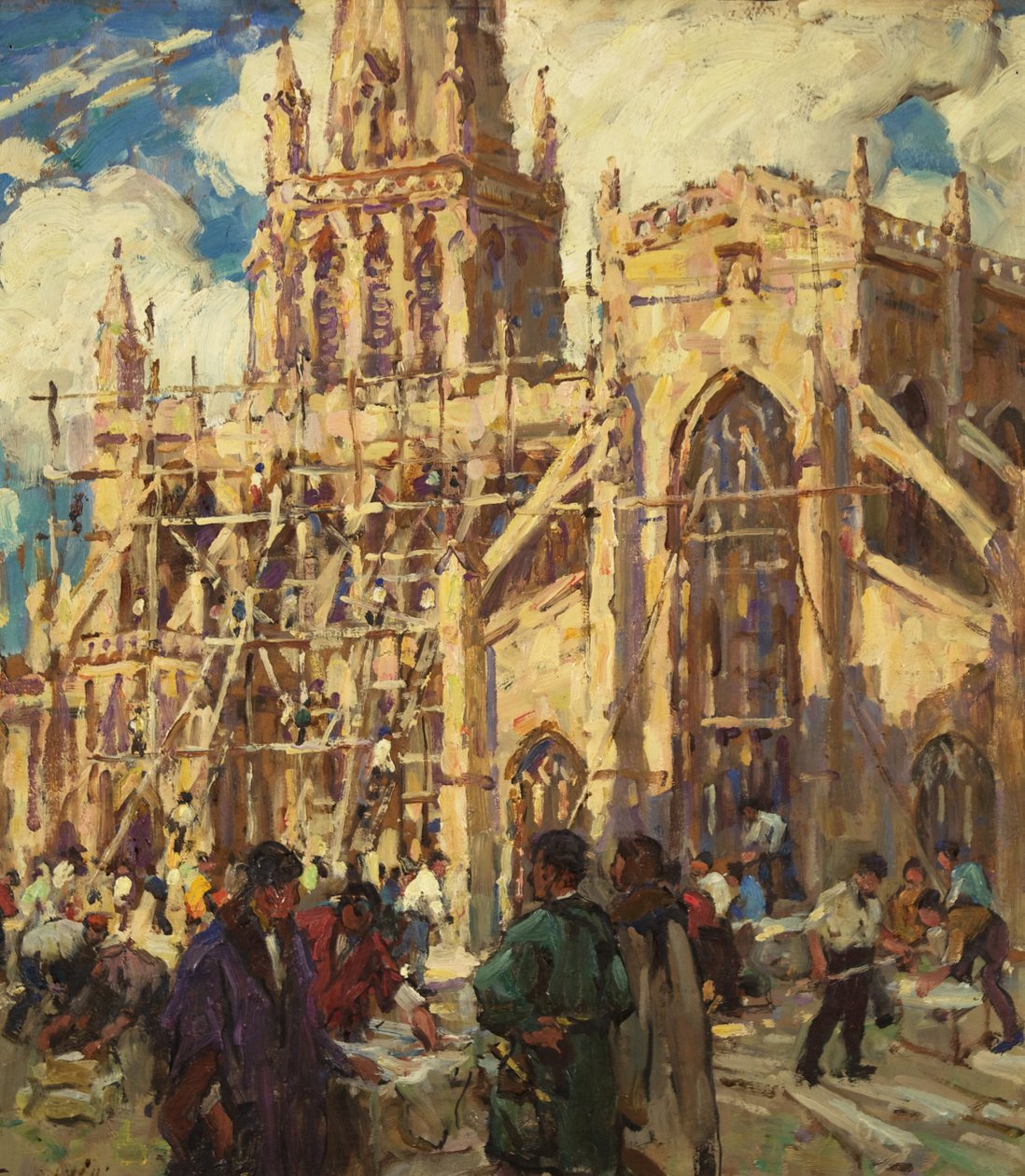Odbudowa St Mary Redcliffe, ok.1920 (olej na tekturze) autorstwa Terrick Williams