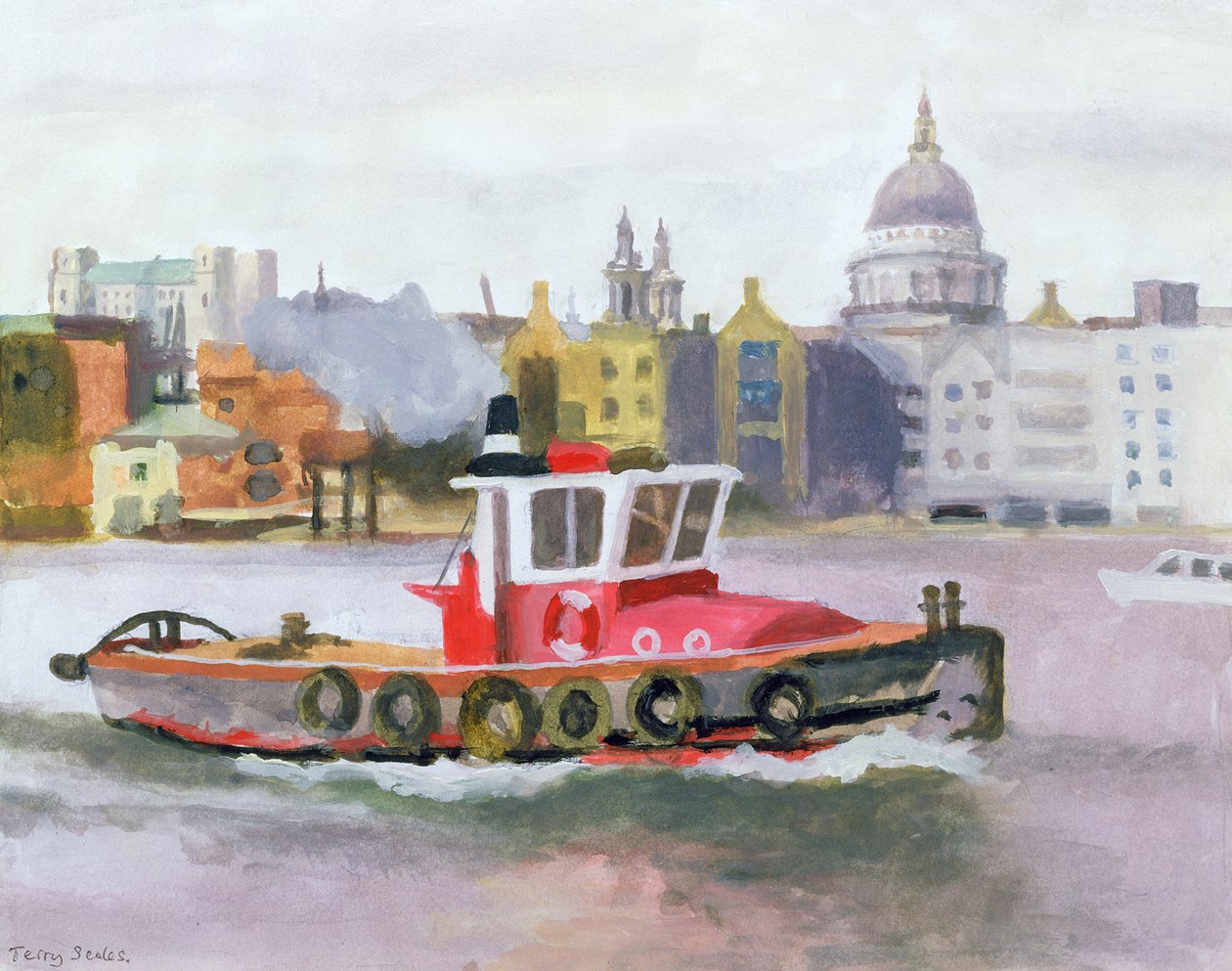 Czerwony holownik mijający St. Pauls, 1996 (wc i gwasz na papierze) autorstwa Terry Scales