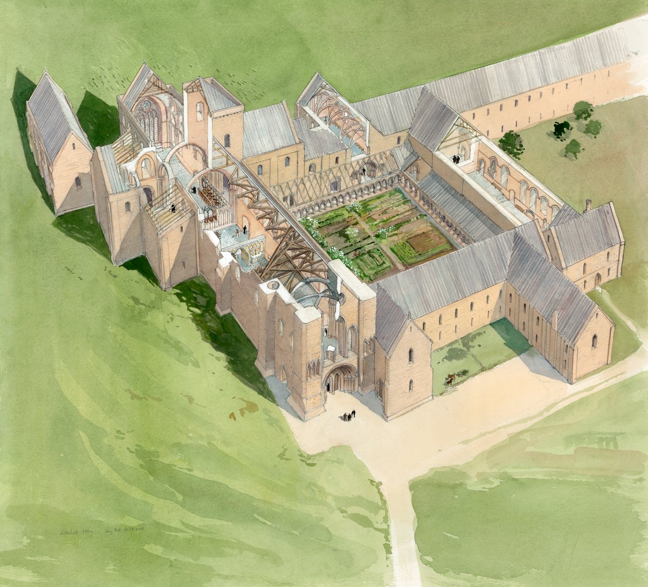 Widok z lotu ptaka na opactwo Lilleshall, około końca XV wieku, ok. 1990-2010 autorstwa Terry Ball