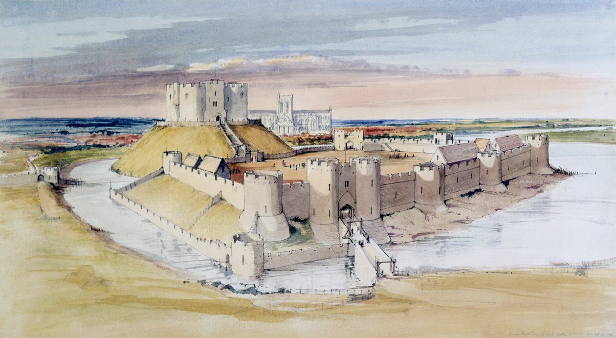 Ilustracja zamku York w hrabstwie North Yorkshire, tak jak mogło być pod koniec XIII wieku, 1985 r. autorstwa Terry Ball