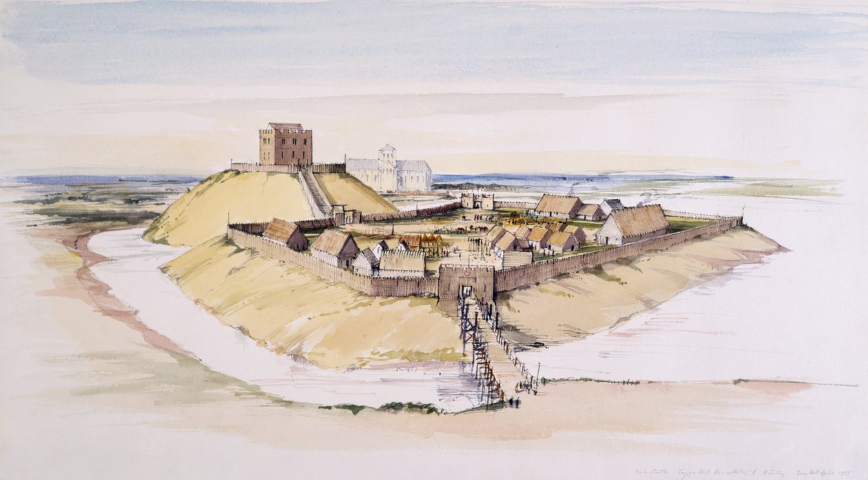 Zamek York tak, jak mógł wyglądać wkrótce po budowie, z Minsterem poza nią, 1985 r. autorstwa Terry Ball