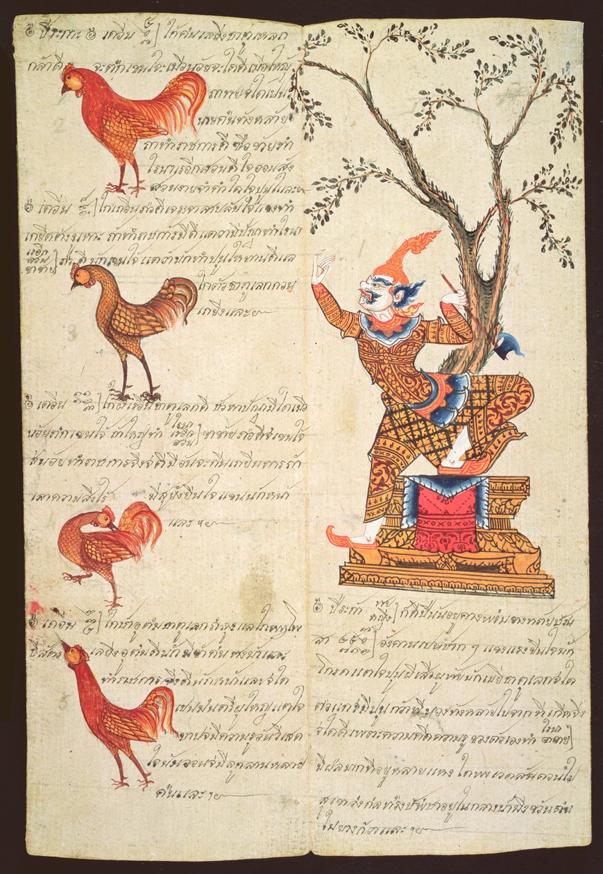 CBL Thi 1302 Dwie strony ilustrujące Rok Kogucika, z podręcznika wróżbiarstwa, ok. 1840 (pióro i atrament oraz gwasz na papierze khoi) autorstwa Thai School