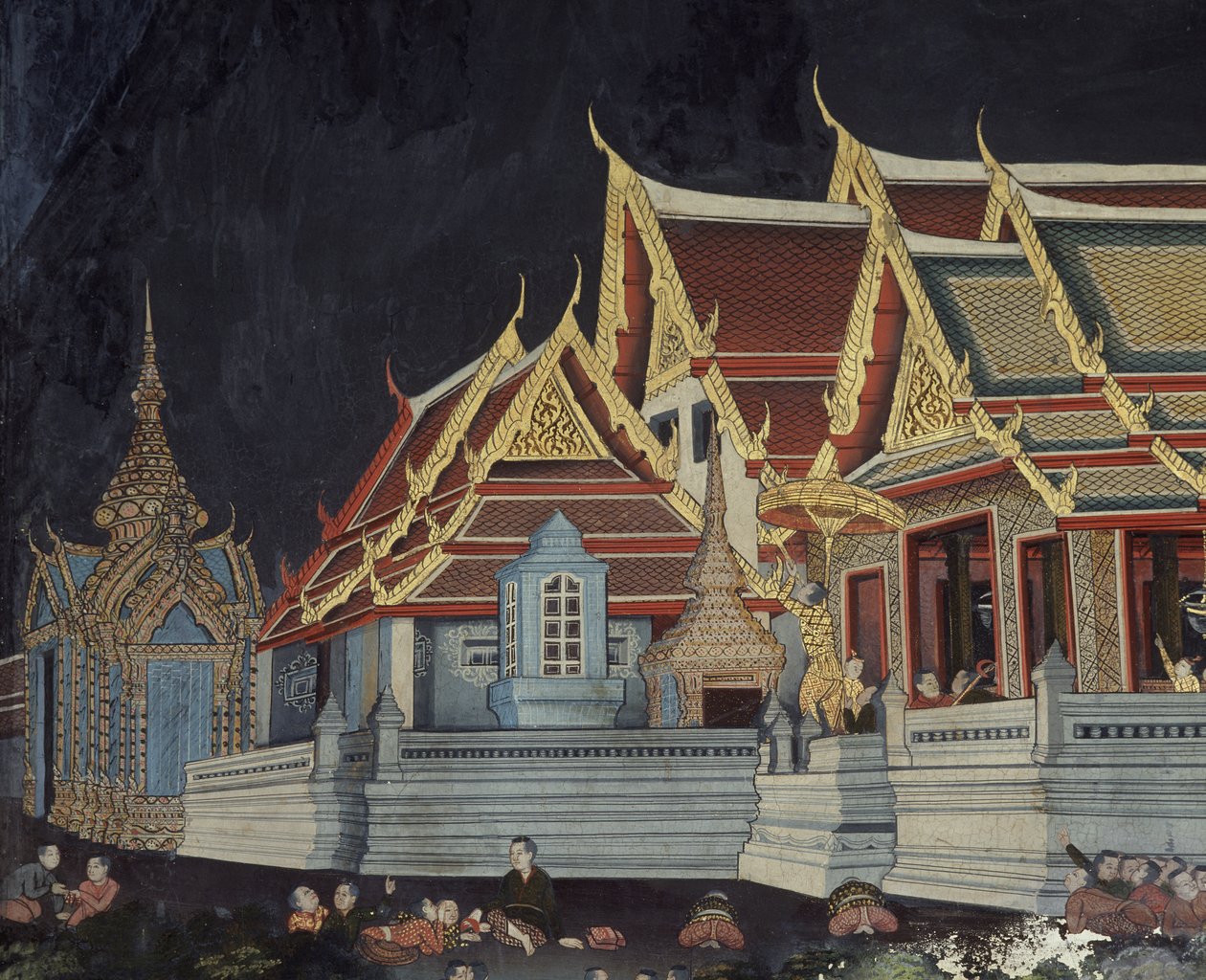 Fragment przedstawiający króla Mongkuta oglądającego zaćmienie słońca (malarstwo ścienne) autorstwa Thai School