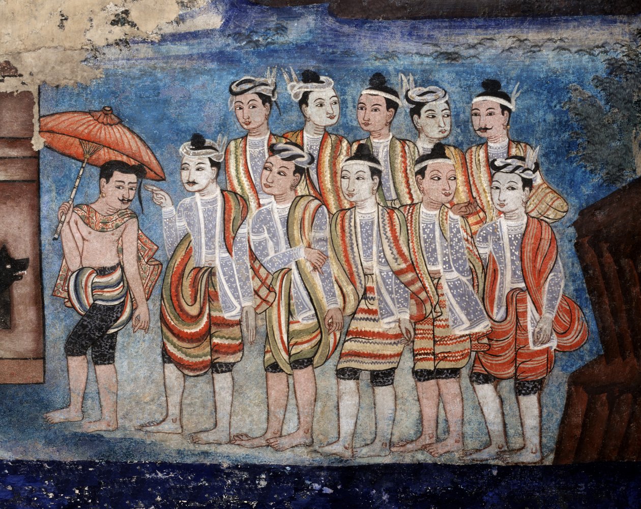 Grupa tajskich mężczyzn yai (Shan), szczegół murali w Viharn laikam przedstawiających Opowieści Sang Thong (mural) autorstwa Thai School