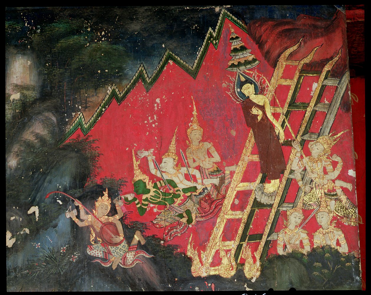 Budda zstępujący z nieba (malowidło ścienne) autorstwa Thai School