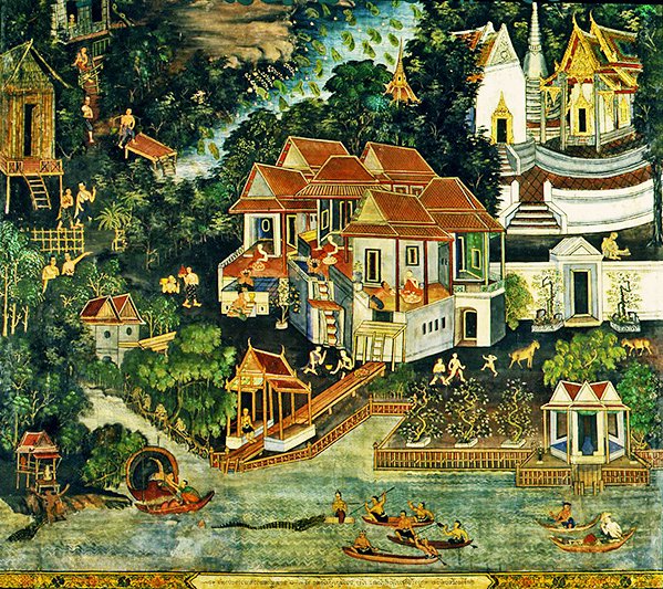 Polowanie na krokodyle, Wirharn Sasada, Wat Bowonniwet Vihara, Bangkok (fresk) autorstwa Thai School