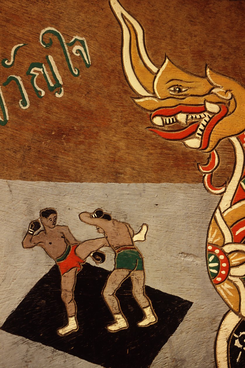 Dekoracja na wozie wołowym przedstawiająca Muay Thai (farba na drewnie) autorstwa Thai School
