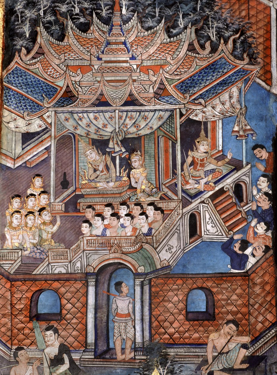 Detal murali z Viharn laikam przedstawiających Opowieści Sang Thong (mural) autorstwa Thai School