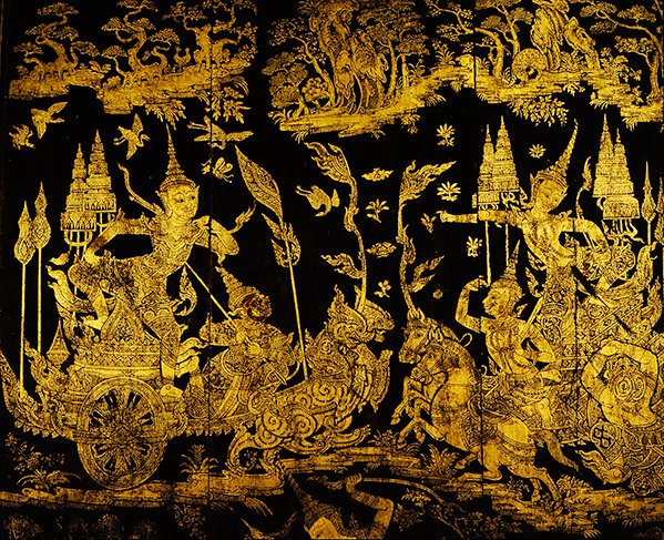 Odcinek z Ramakien, fragment ekranu (złoto i lakier) autorstwa Thai School