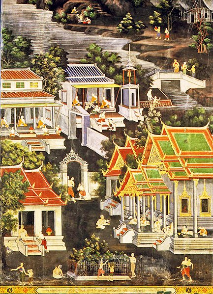 Życie mnichów, Wirharn Sasada, Wat Bowonniwet Vihara, Bangkok (fresk) autorstwa Thai School