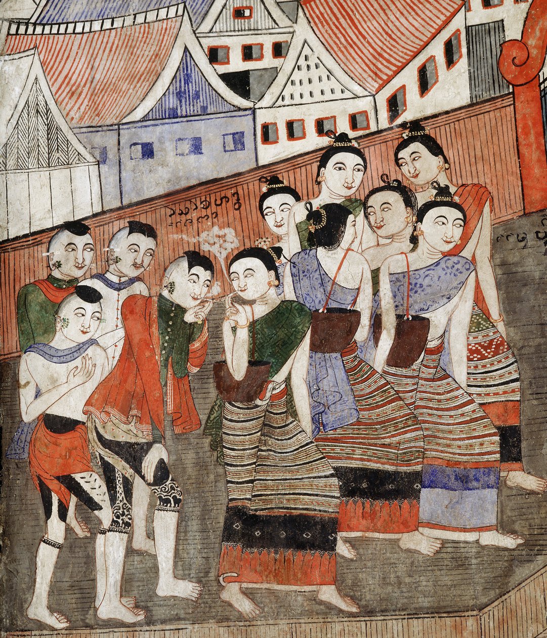 Miłośnicy palenia, fragment muralu w Wat Phumin (fresk) autorstwa Thai School