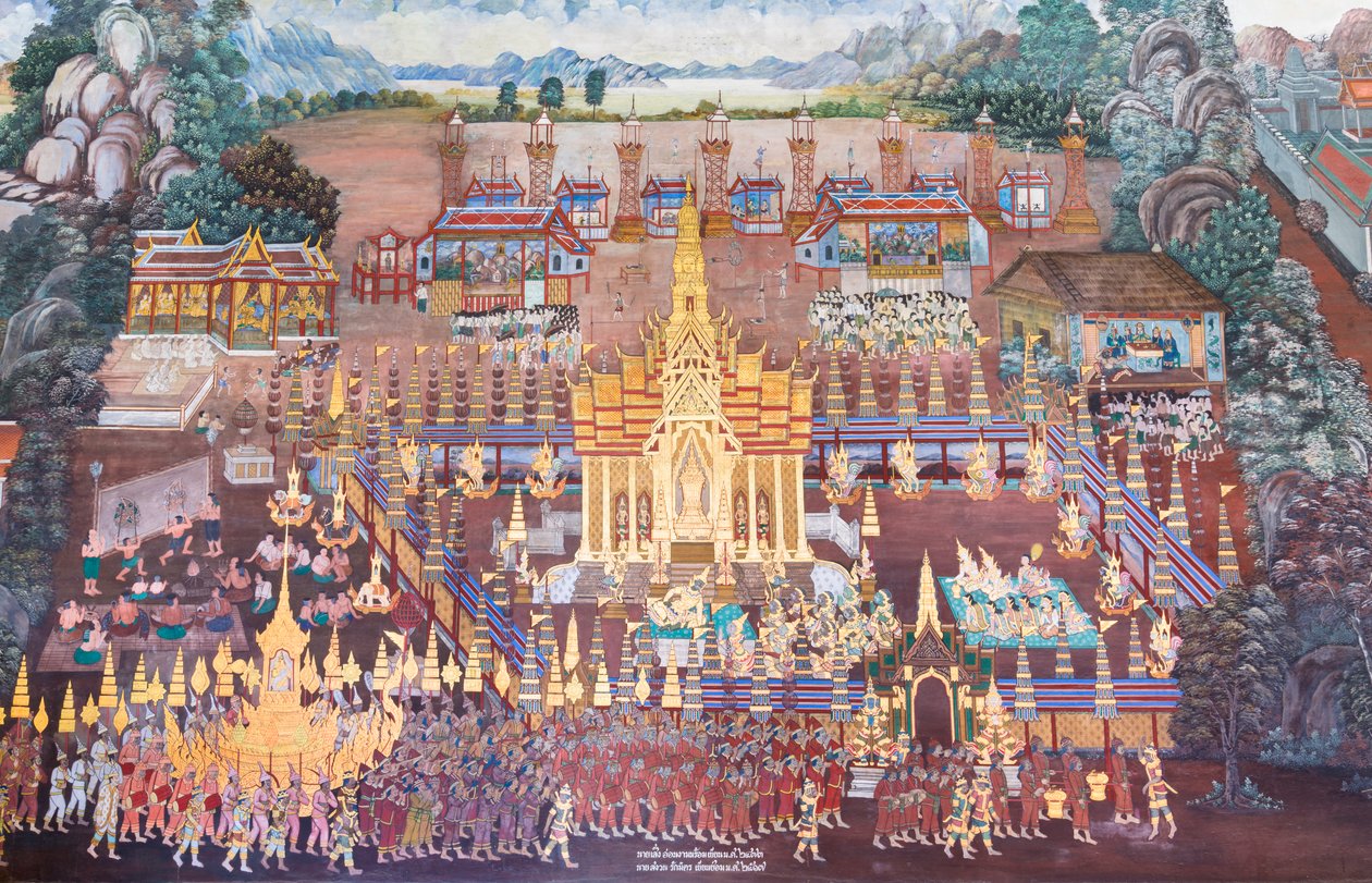Malowidło ścienne przedstawiające sceny z Ramajany w Wat Phra Kaeo, Wielkim Pałacu Królewskim, Bangkok, Tajlandia autorstwa Thai School