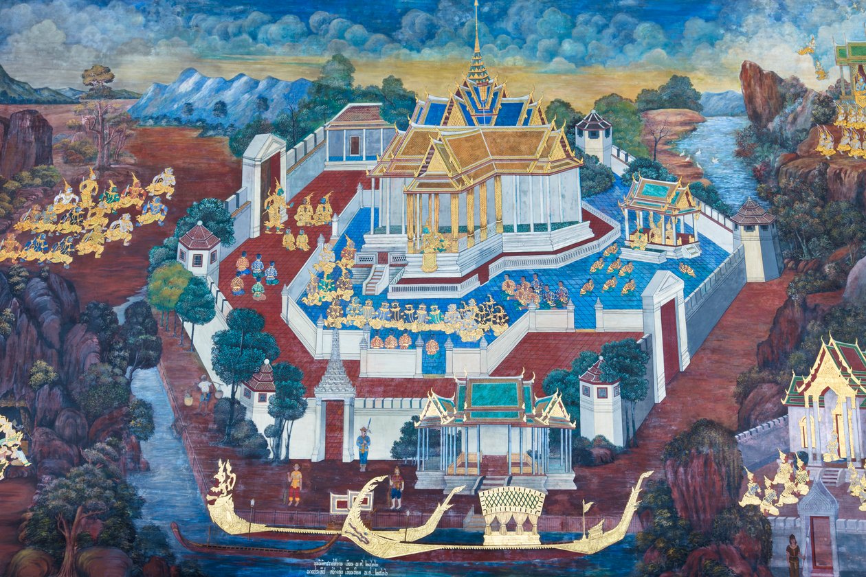 Malowidło ścienne przedstawiające sceny z Ramajany w Wat Phra Kaeo, Wielkim Pałacu Królewskim, Bangkok, Tajlandia autorstwa Thai School