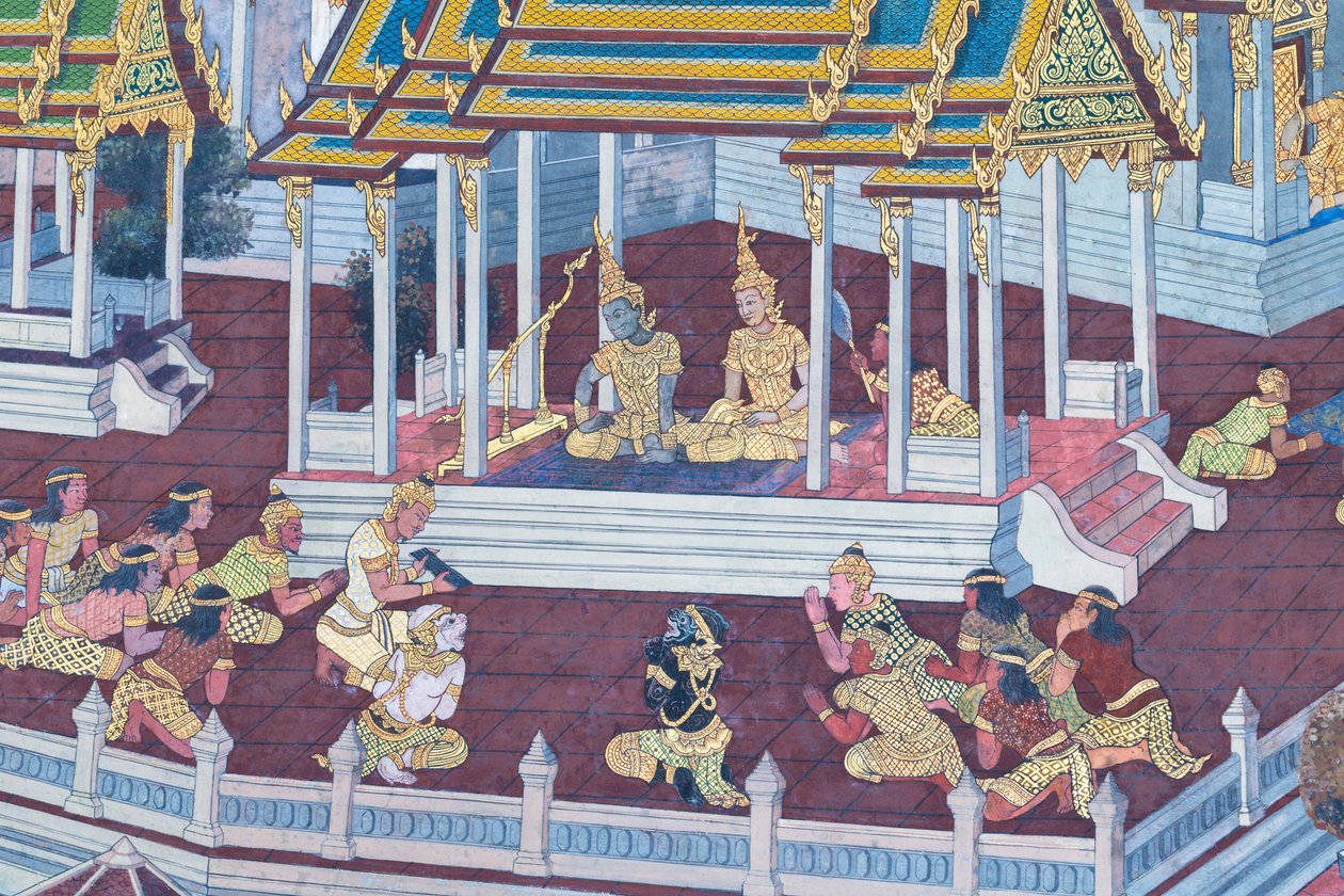 Malowidło ścienne przedstawiające sceny z Ramajany w Wat Phra Kaeo, Wielkim Pałacu Królewskim, Bangkok, Tajlandia autorstwa Thai School