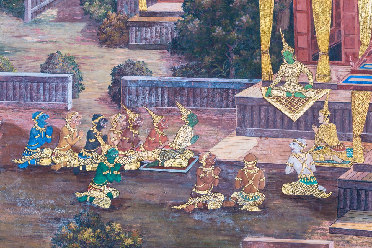 Malowidło ścienne przedstawiające sceny z Ramajany w Wat Phra Kaeo, Wielkim Pałacu Królewskim, Bangkok, Tajlandia autorstwa Thai School