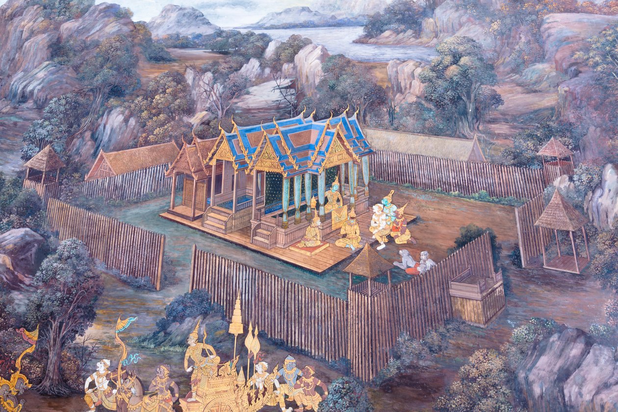 Malowidło ścienne przedstawiające sceny z Ramajany w Wat Phra Kaeo, Wielkim Pałacu Królewskim, Bangkok, Tajlandia autorstwa Thai School