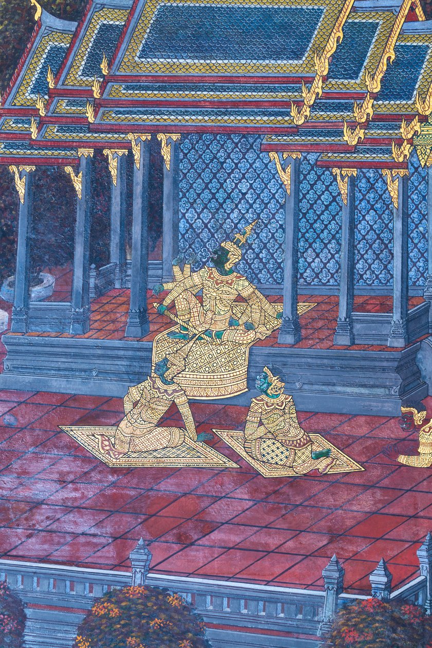 Malowidło ścienne przedstawiające sceny z Ramajany w Wat Phra Kaeo, Wielkim Pałacu Królewskim, Bangkok, Tajlandia autorstwa Thai School