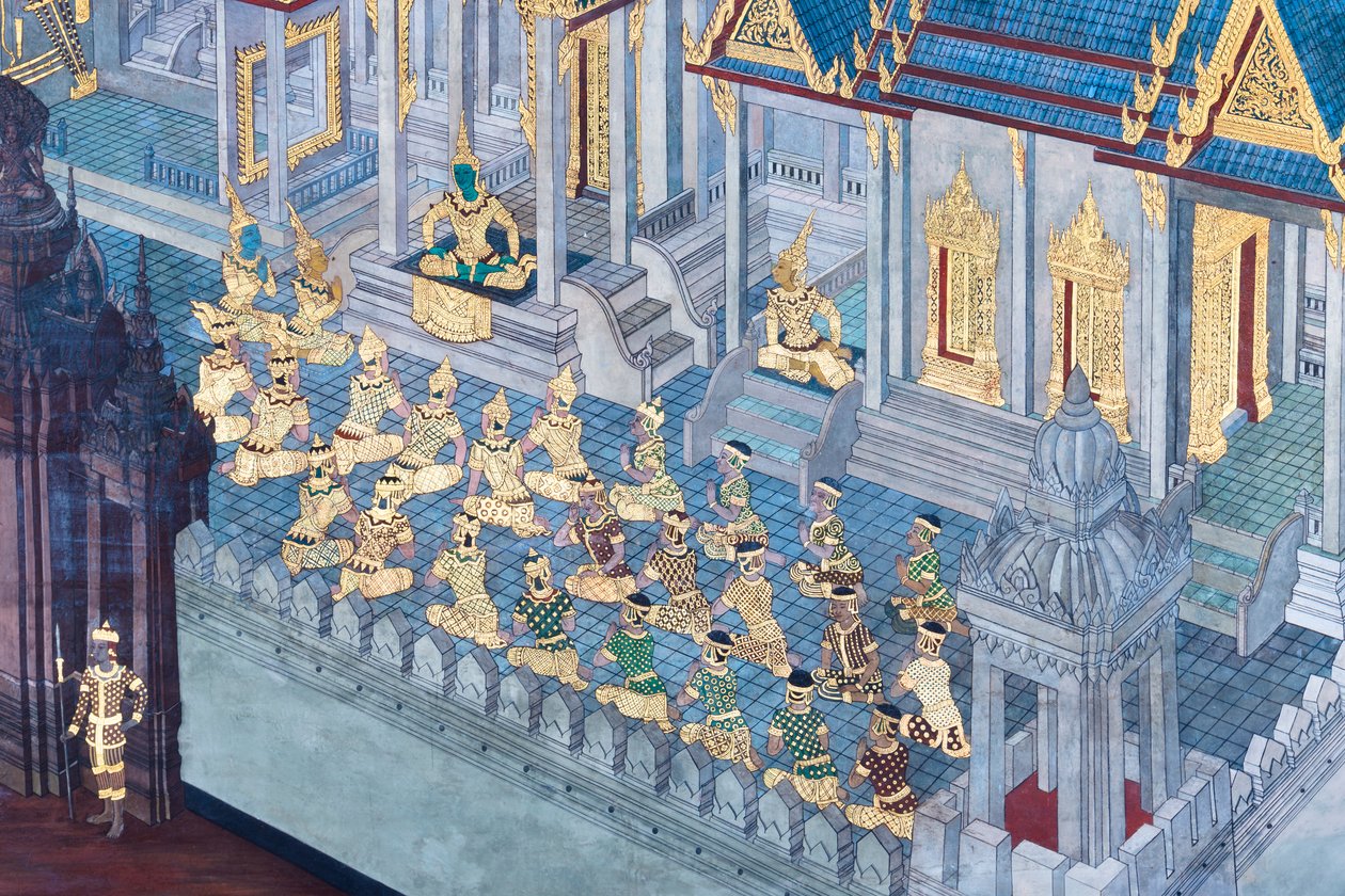 Malowidło ścienne przedstawiające sceny z Ramajany w Wat Phra Kaeo, Wielkim Pałacu Królewskim, Bangkok, Tajlandia autorstwa Thai School