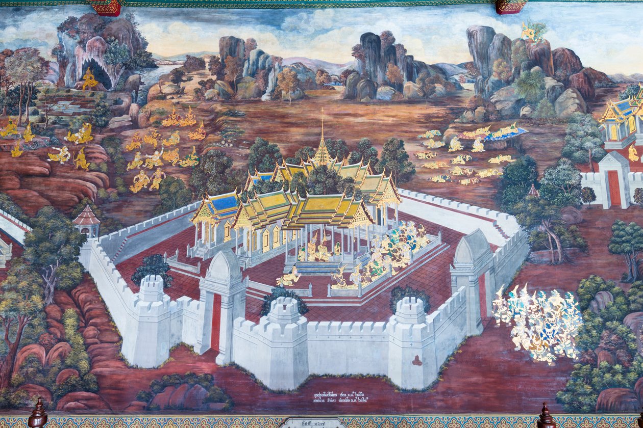 Malowidło ścienne przedstawiające sceny z Ramajany w Wat Phra Kaeo, Wielkim Pałacu Królewskim, Bangkok, Tajlandia autorstwa Thai School